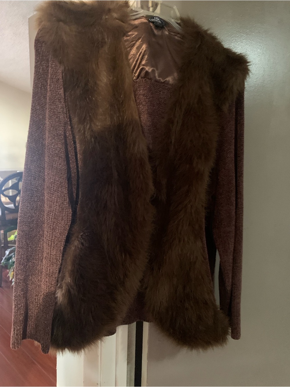 Lisa International Brown Knitted Cardigan with Faux Fur Trim